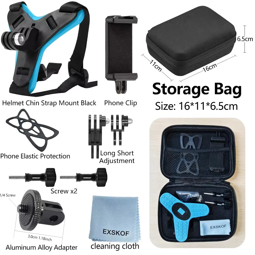 Blue 10-in-1 Kit Colour Motorcycle Helmet Chin Mount for Action Cameras